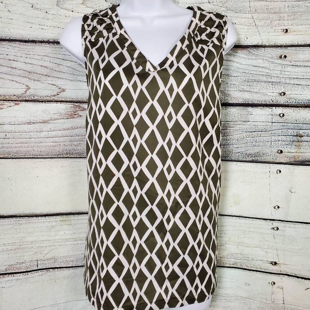 Christopher & Banks Women’s Green White Geometric Sleeveless Blouse Large